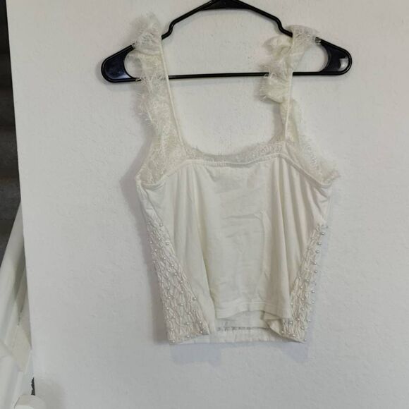 Forever That Girl Top Womens Extra Small Pearl Embellished Ruched Tank White - Picture 5 of 9